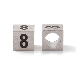 Number 303 de acero inoxidable de cuentas europeo, abalorios de grande agujero, cubo con número, color acero inoxidable, num. 8, 7x7x7 mm, agujero: 5 mm