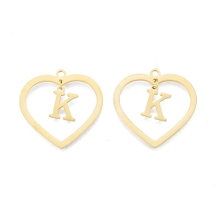 Letter K 201 Stainless Steel Pendants, Hollow, Heart with Letter A~Z, Real 18K Gold Plated, Letter.K, 29x29.5x1mm, Hole: 2mm, A~Z: 12x8~10.5x1mm
