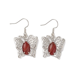 Red Agate Pendientes colgantes de mariposa de ágata roja natural para mujer, joyas de latón platino para mujer, sin plomo y cadmio, 38 mm, pin: 0.6 mm
