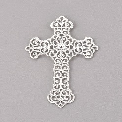 Silver Brass Filigree Joiners Links, Cross, Silver Color Plated, 52x37x0.8mm