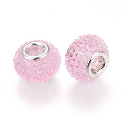 Rose Nacré Rhinestone de résine de perles européennes, avec noyaux en laiton plaqué couleur argent, Perles avec un grand trou   , rondelle, perles baies, perle rose, 14x10mm, Trou: 5mm