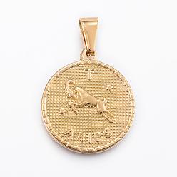 Aries Real 18K Gold Plated 304 Stainless Steel Pendants, Flat Round with Twelve Constellation/Zodiac Sign, Aries, 29x25x3.2mm, Hole: 9x4.5mm