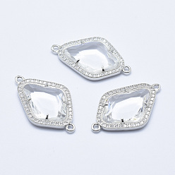 Clear Brass Micro Pave Cubic Zirconia Links, with Glass, Faceted, Rhombus, Platinum, Clear, 33x20x5mm, Hole: 1.6mm