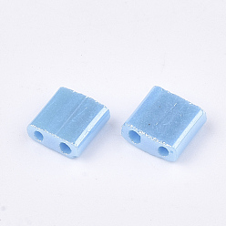 Light Sky Blue 2-Hole Opaque Glass Seed Beads, Lustered, Rectangle, Light Sky Blue, 5x4.5~5.5x2~2.5mm, Hole: 0.5~0.8mm