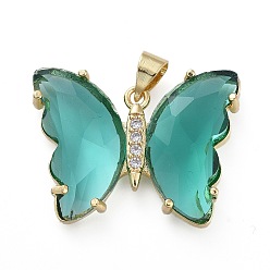 Teal Brass Micro Pave Clear Cubic Zirconia Pendants, with Glass, Butterfly, Golden, Teal, 20x26.5x5mm