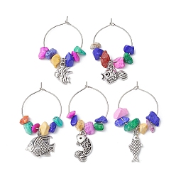 Mixed Color Fish Alloy Wine Glass Charms, with Synthetic Turquoise Beads and Brass Wine Glass Charm Rings, Mixed Color, 45~48mm