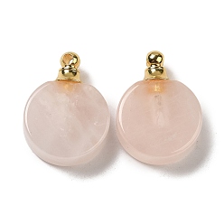 Rose Quartz Natural Rose Quartz Perfume Bottle Pendants, Flat Round Charms with Golden Plated 304 Stainless Steel Findings, 27.5x20x7~7.5mm, Hole: 2mm