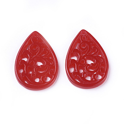 Red Carved Natural White Jade Pendants, Dyed, Teardrop, Red, 25x17x1~3mm, Hole: 1mm