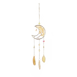 Agate+Crystal Natural Citrine Chips Beaded Moon Hanging Sun Catchers, with Glass Teardrop/Octagon and Natural Agate, with Iron Findings, 455mm