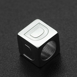 Letter D 201 Stainless Steel European Beads, Large Hole Beads, Horizontal Hole, Cube, Stainless Steel Color, Letter.D, 7x7x7mm, Hole: 5mm