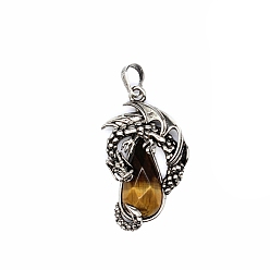Tiger Eye Natural Tiger Eye Brass Pendants, Flying Dragon Charms with Faceted Teardrop Gems, Antique Silver, 38x22x6mm
