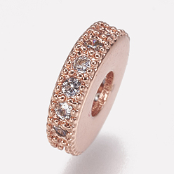 Rose Gold Brass Micro Pave Cubic Zirconia Bead Spacers, Flat Round, Clear, Rose Gold, 10x2mm, Hole: 3.5mm