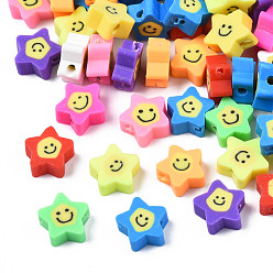 Mixed Color Handmade Polymer Clay Beads, Star with Smiling Face, Mixed Color, 7.5~9x8.5~9x3.5~4mm, Hole: 1.6mm