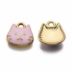 Pearl Pink Alloy Enamel Charms, Light Gold, Cadmium Free & Nickel Free & Lead Free, Cat, Pearl Pink, 11.5x11.5x3mm, Hole: 1.4mm