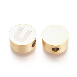 Letter U 304 Stainless Steel Beads, Flat Round with Letter, Letter.U, 10x4.5mm, Hole: 2mm