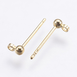 Real 18K Gold Plated Brass Stud Earrings Findings, with Loop, Long-Lasting Plated, Nickel Free, Round, Real 18K Gold Plated, 13mm, Hole: 1.2mm, Pin: 0.7mm, Ball: 3mm in diameter