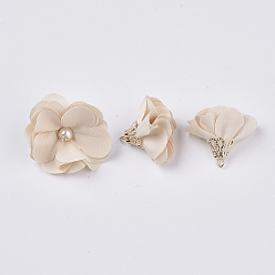 PeachPuff Handmade Cloth Pendant Decorations, with Alloy Findings, Flower, PeachPuff, 24~26x24~25mm, Hole: 2mm