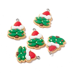 Green Christmas Theme Opaque Resin Pendants, with Platinum Tone Iron Findings, Christmas Tree, Green, 29x21.5x5.5mm, Hole: 2mm