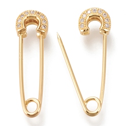 Golden Brass Micro Pave Clear Cubic Zirconia Safety Pins, Long-Lasting Plated, Golden, 33~35x8.5x4.5mm, Pin: 1mm