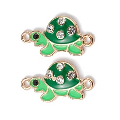 Green Alloy Enamel Connector Charms, Tortoise Links with Crystal Rhinestone, Light Gold, Cadmium Free & Nickel Free & Lead Free, Green, 23x12x3mm, Hole: 1.5mm