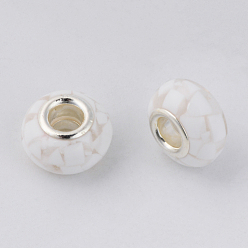Floral White Resin European Beads, Large Hole Beads, with Platinum Tone Brass Double Cores, Rondelle, Floral White, 14x9mm, Hole: 5mm