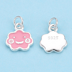 Pink 925 Sterling Silver Enamel Charms, with Jump Ring, Cloud with Smile, Pink, 9.5x8.5x1.5mm, Hole: 2.5mm