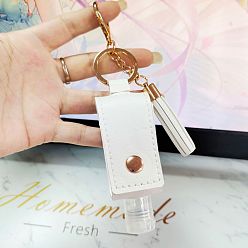 White Plastic Hand Sanitizer Bottle with PU Leather Cover, Portable Travel Squeeze Bottle Keychain Holder, White, 100x32mm