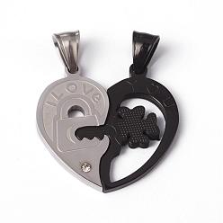 Gunmetal & Stainless Steel Color 304 Stainless Steel Pendants, Couple Pendants, Split Heart, with Rhinestones, Word I Love You, For Valentine's Day, Gunmetal & Stainless Steel Color, 31x31x2.5mm, Hole: 5x8mm