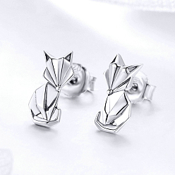 Antique Silver 925 Sterling Silver Stud Earrings, with 925 Stamp, Fox, Antique Silver, 13x7mm