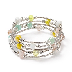 Yellow Glass Beads Five Loops Wrap Bracelets, Brass Bead Bracelet for Women, Yellow, Inner Diameter: 2 inch(5cm)