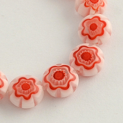 Red Handmade Millefiori Glass Bead Strands, Flat Round, Red, 8x4mm, Hole: 1mm, about 50pcs/strand, 15.3 inch