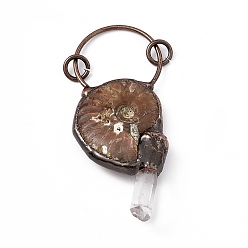 Fossil Natural Fossil Big Pendants, Spiral Shell Charms, with Rack Plating Red Copper Tone Brass Findings and Quartz Crystal, Cadmium Free & Lead Free, 74~77x30~32x10~11mm, Ring: 9x1.5mm, Hole: 6mm
