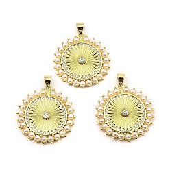 Seashell Color Rack Plating Real 18K Gold Plated Brass Pendants, with Cubic Zirconia and Plastic Imitation Pearl, Long-Lasting Plated, Lead Free & Cadmium Free, Flat Round, Seashell Color, 27x25.5x3.5mm, Hole: 5x3.5mm