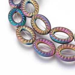Plaqué Multicolore Galvaniques perles d'hématite synthétique non magnétique brins, givré, ovale, multi-couleur plaquée, 16x12x4mm, Trou: 1mm, Environ 25 pcs/chapelet, 15.74 pouce (40 cm)