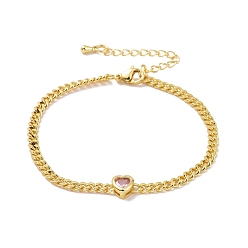 Pink Bracelet à maillons cœur en zircon cubique avec chaînes gourmettes, bijoux en laiton plaqué or pour femme, sans cadmium et sans plomb, rose, 7-1/4 pouce (18.5 cm)