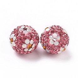 Rose Perles de strass d'argile polymère , perles de boule pave disco , ronde avec des fleurs, rose, 16mm, Trou: 1.6~1.8mm