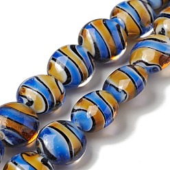 Dodger Blue Handmade Lampwork Beads Strand, Flat Round with Stripe Pattern, Dodger Blue, 16x10mm, Hole: 1.2mm, about 20pcs/strand, 12.20 inch(31cm)