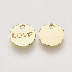Light Gold Charms de aleación, plano y redondo con la palabra amor, la luz de oro, 9x1.5 mm, agujero: 1.4 mm