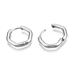 Stainless Steel Color 201 Stainless Steel Hexagon Hoop Earrings, Hinged Earrings for Women, with 304 Stainless Steel Pins, Stainless Steel Color, 15.5x17x2.5mm, Pin: 0.7mm