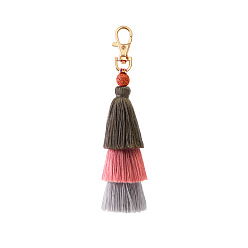 Coffee Cotton Tassels Pendant Decorations, with Alloy Findings, Coffee, 14.8x4.5cm