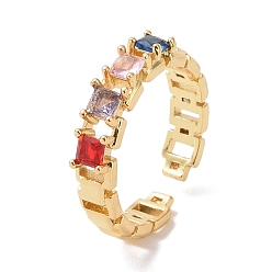 Real 18K Gold Plated Colorful Cubic Zirconia Rectangle Open Cuff Ring, Brass Jewelry for Women, Cadmium Free & Lead Free, Real 18K Gold Plated, US Size 7 1/2(17.7mm)