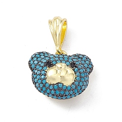 Turquoise Brass Micro Pave Cubic Zirconia Pendants, Bear Head Charm, Golden, Turquoise, 16.5x18.5x11mm, Hole: 6.5x3mm