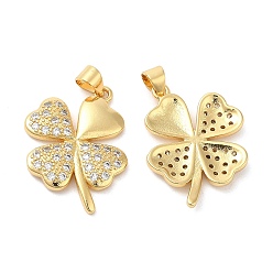 Real 18K Gold Plated Brass Micro Pave Cubic Zirconia Pendants, Lead Free & Cadmium Free, Clover Charms, Real 18K Gold Plated, 24x18.5x3mm, Hole: 5x3.5mm