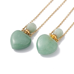 Green Aventurine Openable Heart Natural Green Aventurine Perfume Bottle Pendant Necklaces for Women, 304 Stainless Steel Cable Chain Necklaces, Golden, 18.62 inch(47.3cm)