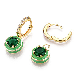 Зеленый лайм Плоские круглые серьги-кольца с кубическим цирконием и эмалью, настоящие позолоченные украшения из латуни для женщин, без никеля , зеленый лайм, 18 мм, штифты : 26 мм