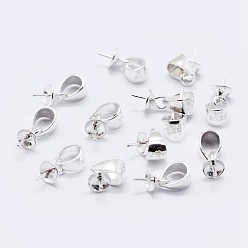 Silver 925 Sterling Silver Cup Pearl Bail Pin Pendants, For Half Drilled Beads, with 925 Stamp, Silver, 6x3mm, Hole: 3x4mm, Pin: 0.7mm