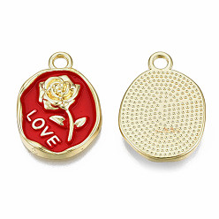 Red Rack Plating Alloy Enamel Pendants, Light Gold, Cadmium Free & Nickel Free & Lead Free, Oval with Rose & Word Love, Red, 21x16x3mm, Hole: 1.6mm