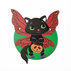 Cat Shape Grands pendentifs en bois imprimé simple face, charmes d'halloween, forme de chat, 150x135x3.5mm, Trou: 4mm