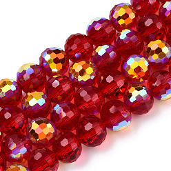 Brique Rouge Transparentes perles de verre de galvanoplastie brins, facette, demi couleur ab plaqué, ronde, firebrick, 8x7~7.5mm, Trou: 1.0mm, environ 71~72 pcs / brin, 20.20~21.85 pouce (51.3~55.5 cm)