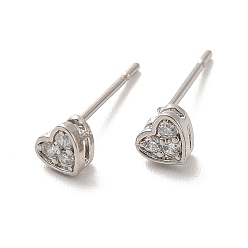 Real Platinum Plated Clear Cubic Zirconia Heart Stud Earrings, Long-Lasting Plated Brass Jewelry for Women, Cadmium Free & Lead Free, Real Platinum Plated, 4x4.5mm, Pin: 1mm